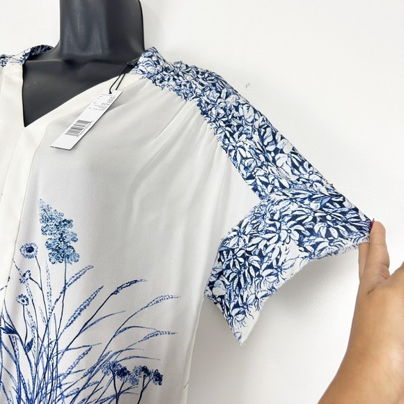 Elie Tahari Tiffany Silk Floral-Print Pearl Indigo V-Neck Short-Sleeve Blouse - Picture 7 of 15